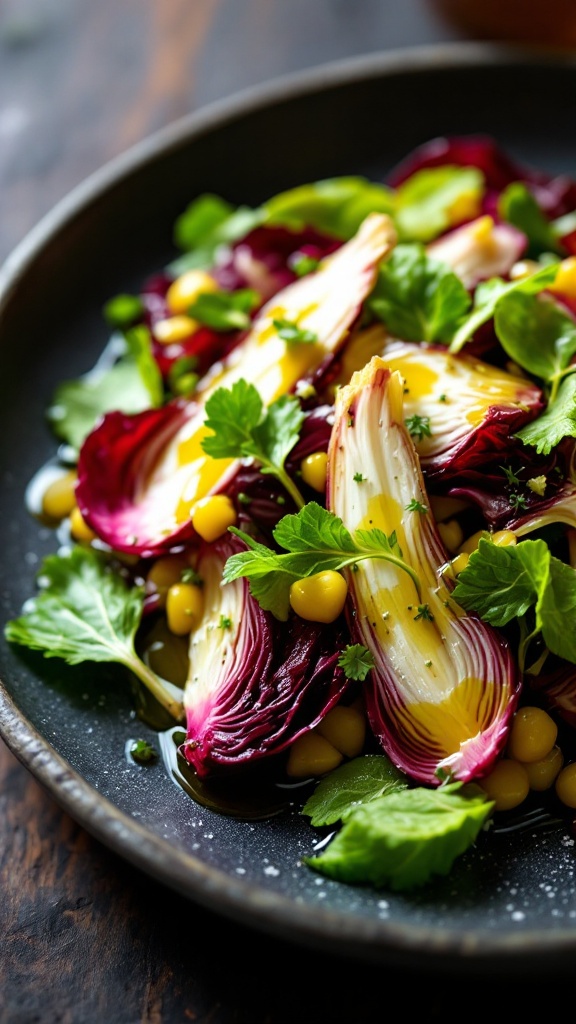 A vibrant salad featuring radicchio, endive, corn, and fresh herbs.