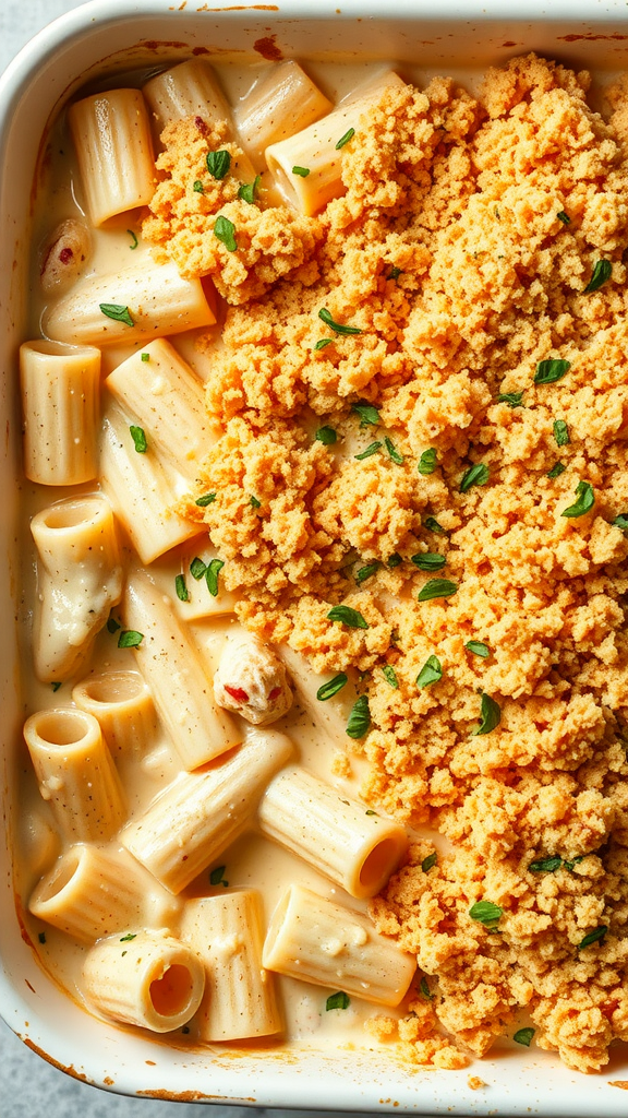 A delicious ranch chicken pasta bake with rigatoni pasta and a crunchy topping in a baking dish.