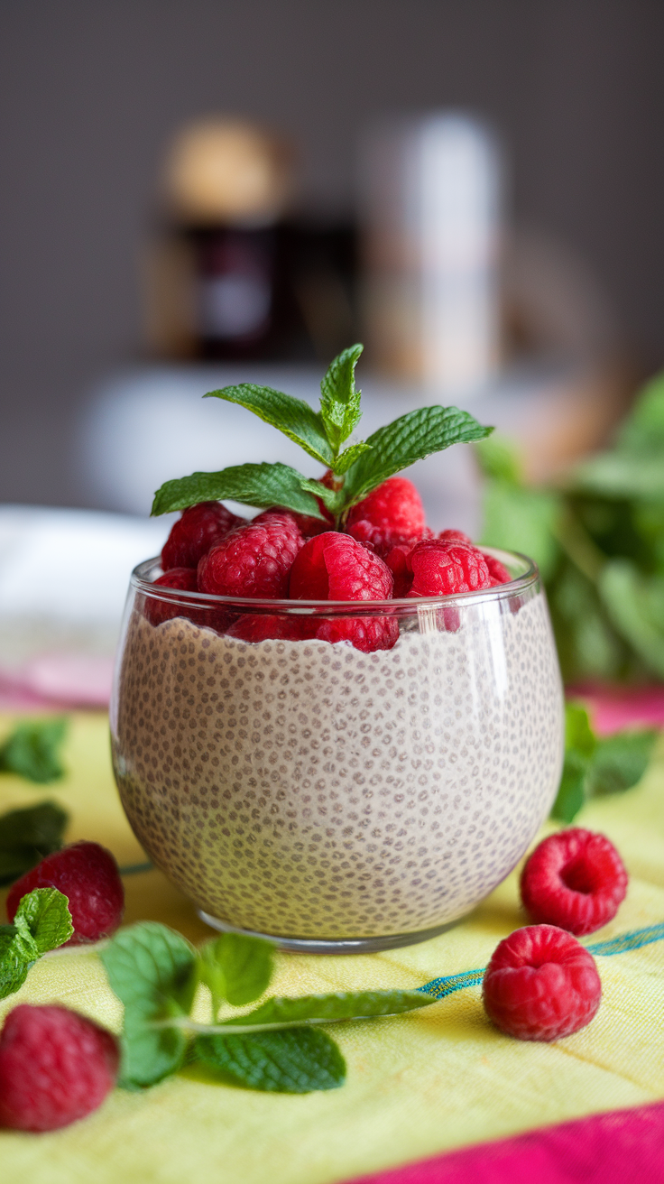 A bowl of raspberry chia seed pudding topped with fresh raspberries and mint leaves.