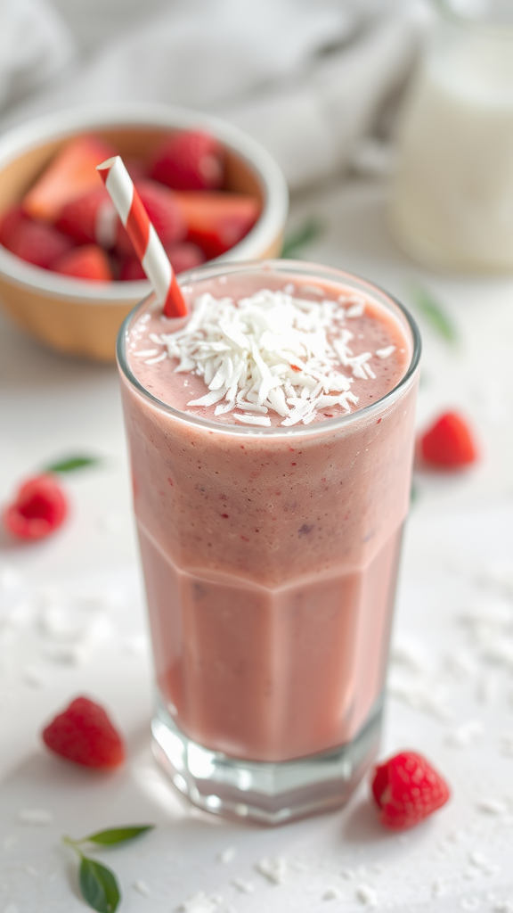 A refreshing raspberry coconut smoothie topped with shredded coconut and a straw, surrounded by raspberries.