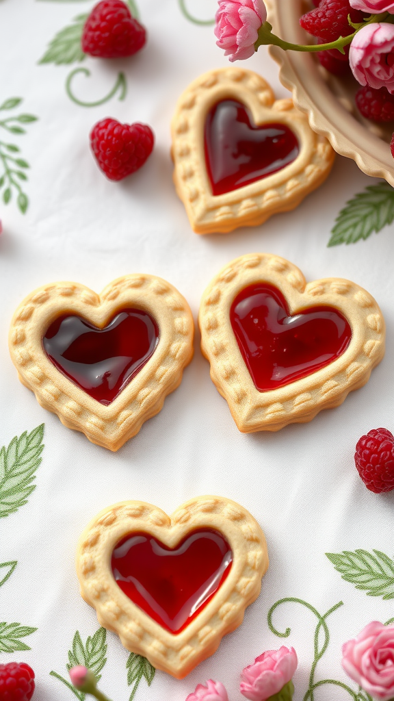 Heart-shaped raspberry Linzer cookies with jam filling, surrounded by fresh raspberries and pink flowers.