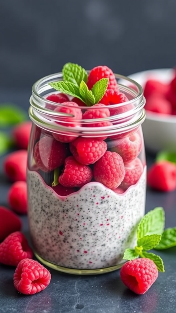 A jar of raspberry overnight chia pudding topped with fresh raspberries and mint leaves