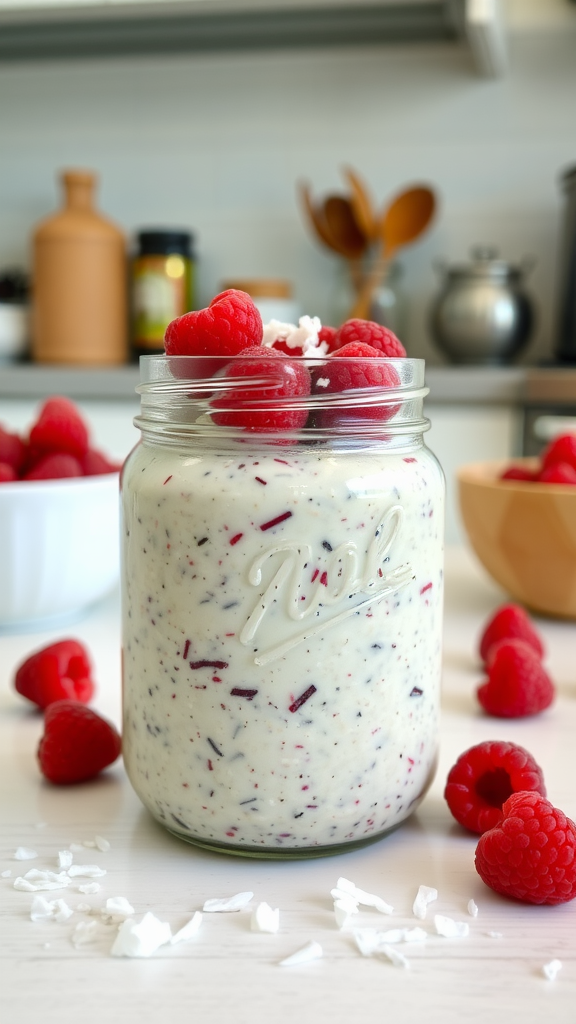 A jar of raspberry overnight oats topped with fresh raspberries and coconut flakes.