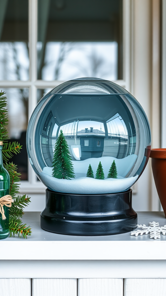 A decorative snow globe with miniature trees, placed on a winter-themed porch.