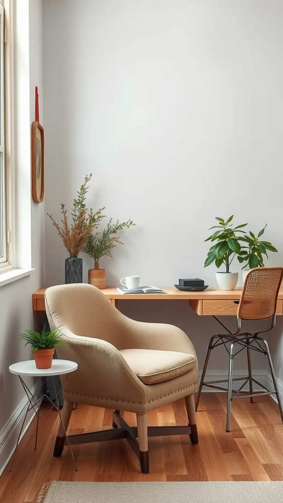 Cozy home office corner with a plush chair, a small table with a plant, and a wooden desk.