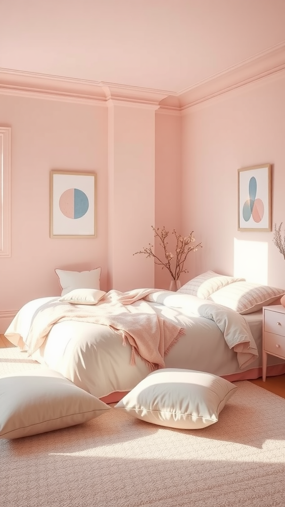 A cozy bedroom with light pink walls and relaxing floor seating featuring pillows and a blanket.