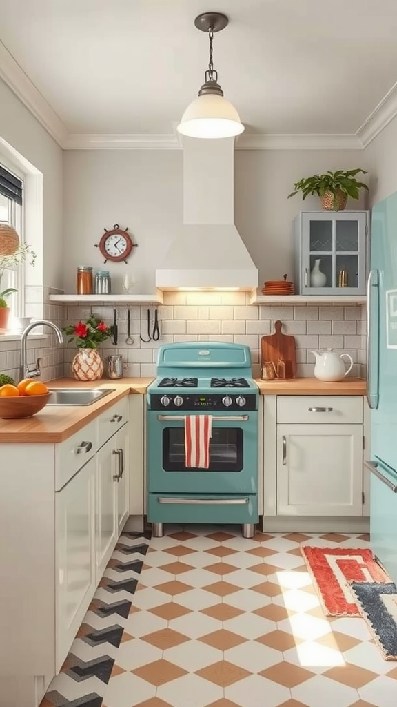 A cozy kitchen featuring retro elements and modern design, with plants and warm wood accents.