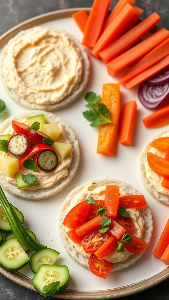 Rice cakes topped with hummus and assorted fresh vegetables on a plate.