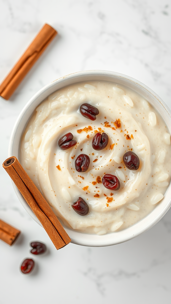 A bowl of creamy rice pudding topped with raisins and a cinnamon stick.