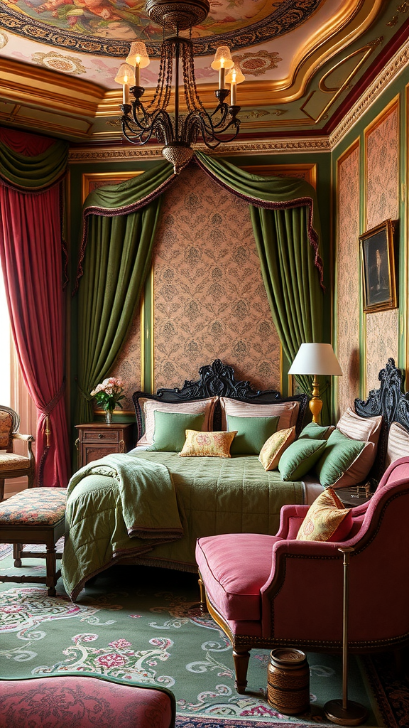 A luxurious bedroom featuring rich green and pink textiles, with a beautifully styled bed and elegant drapery.