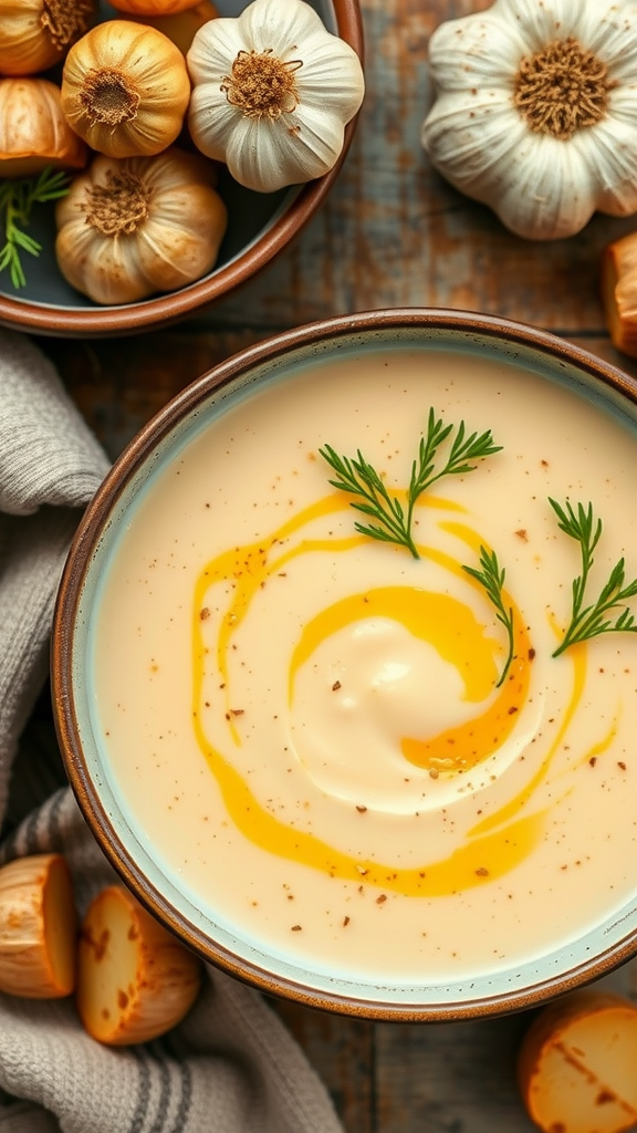 A bowl of creamy roasted garlic and potato soup topped with roasted garlic cloves, surrounded by fresh garlic bulbs.