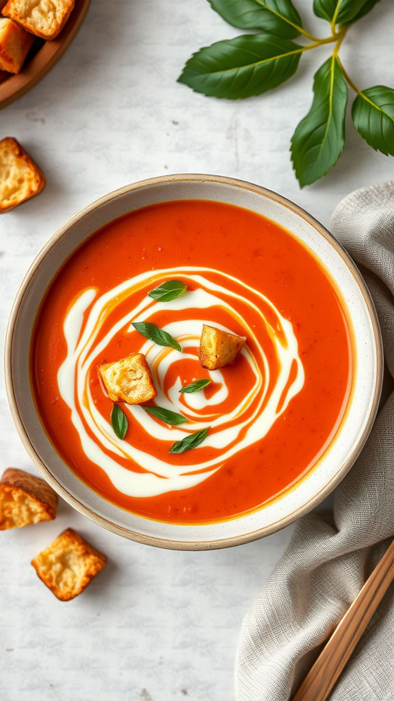 A bowl of roasted red pepper and tomato soup garnished with cream and herbs, with croutons on the side.