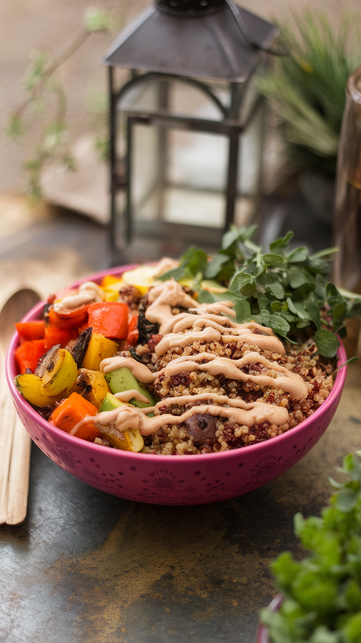 A vibrant quinoa bowl filled with roasted vegetables and topped with a drizzle of sauce.