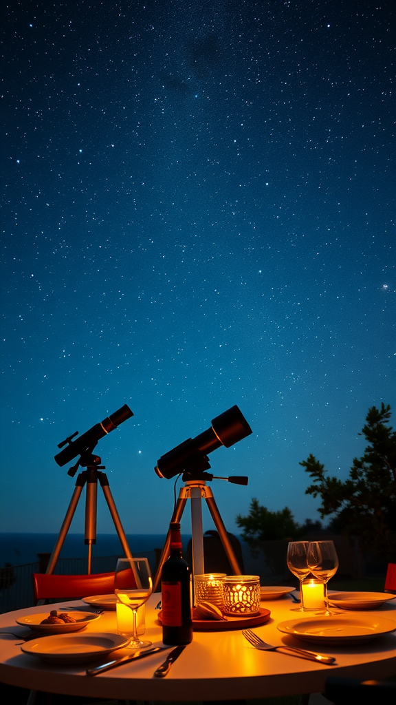 A romantic outdoor dinner setup with a telescope, table setting, and a starry night sky.