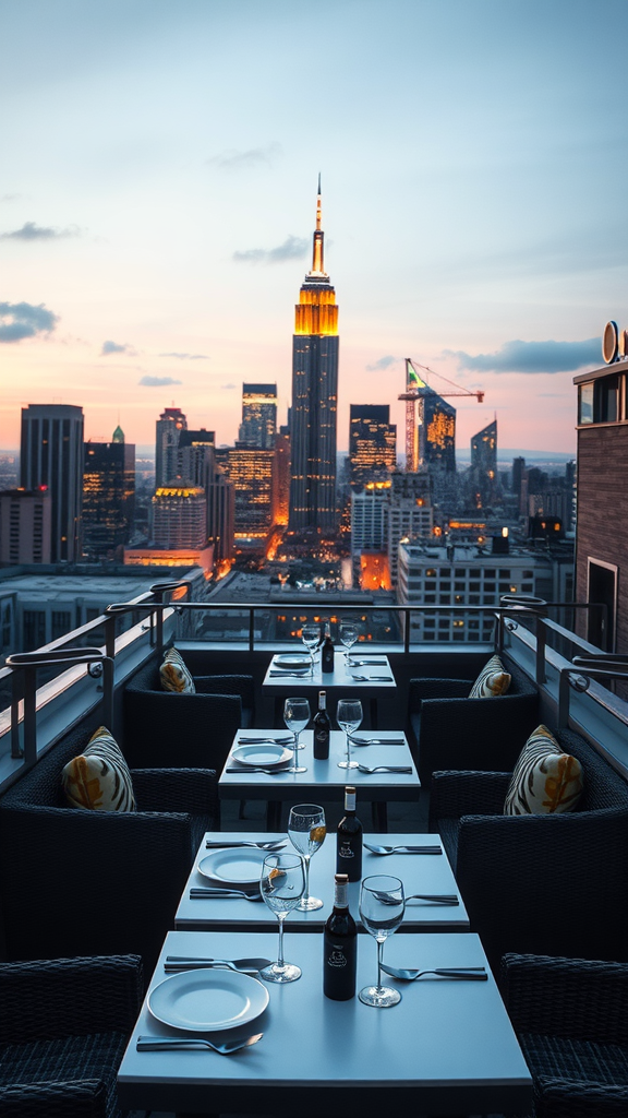 Rooftop dining setup with a city skyline view at sunset.