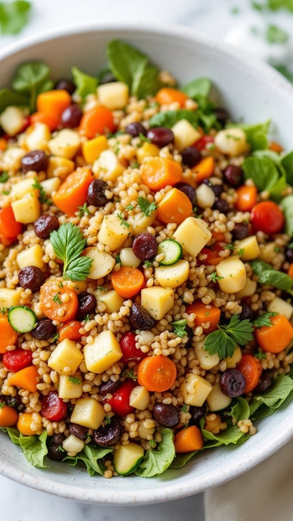 A vibrant salad with barley, carrots, peppers, and various vegetables.