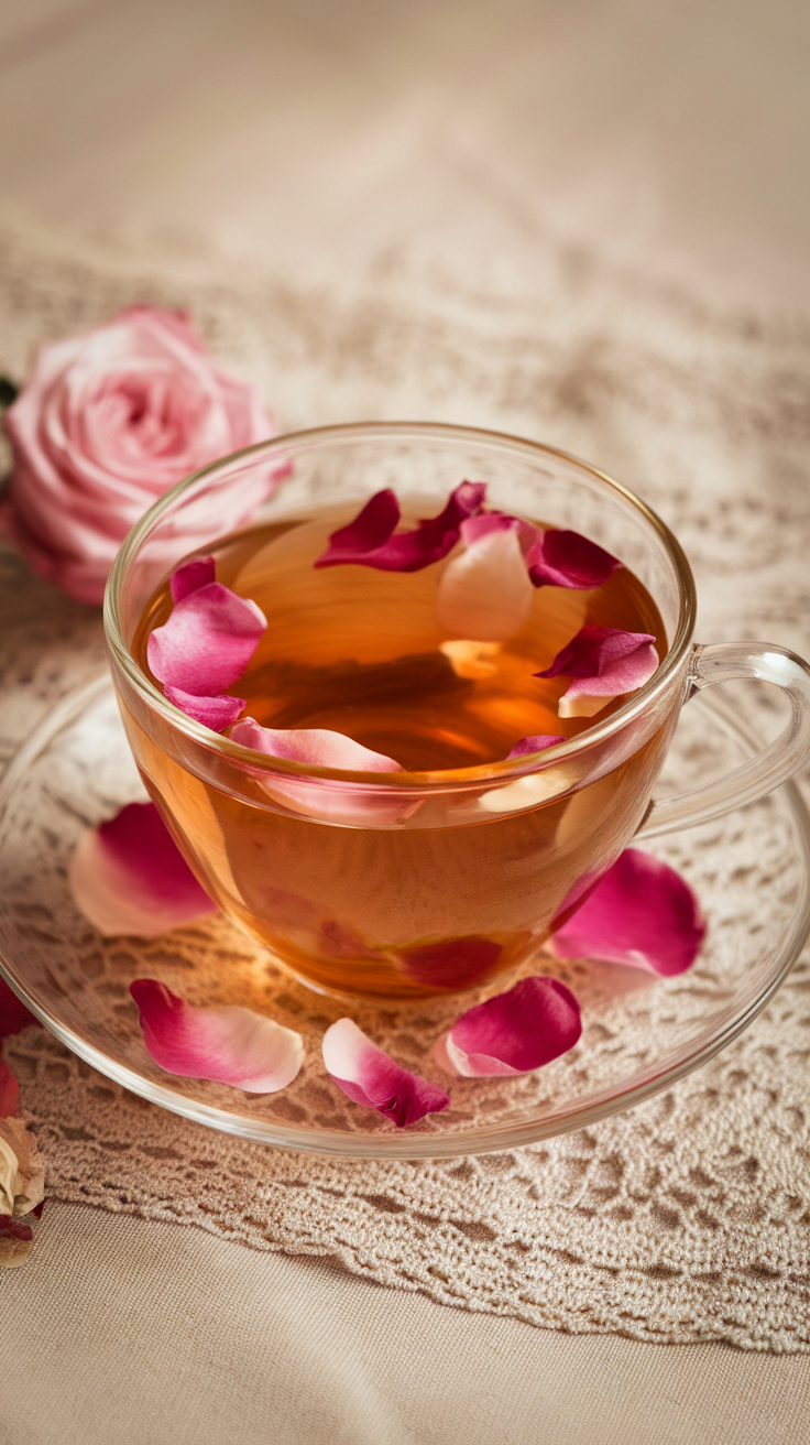 Cup of rose petal infused tea garnished with rose petals