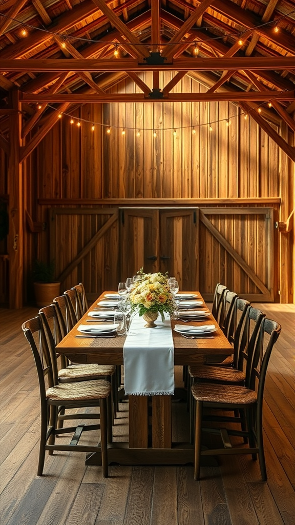 A beautifully set wooden table in a rustic barn, ready for an intimate dinner.