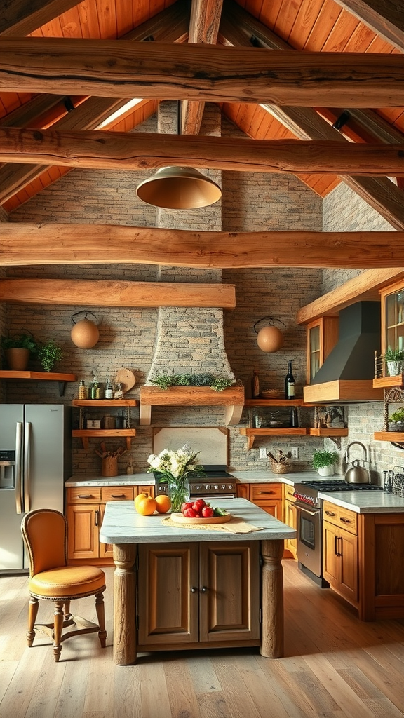 A modern rustic kitchen featuring wooden beams, stone walls, and contemporary appliances.