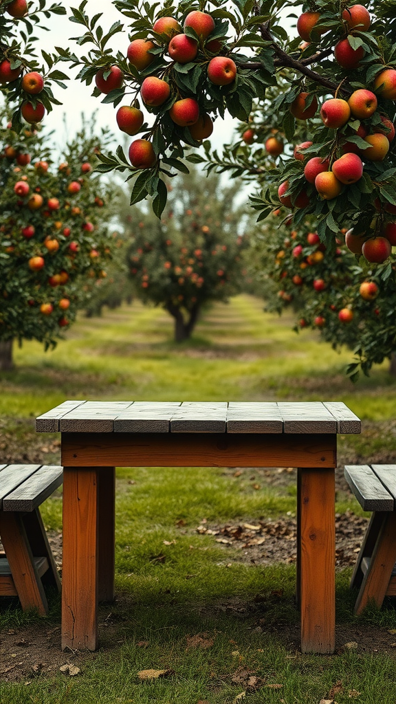 A rustic dining table surrounded by apple trees in an orchard