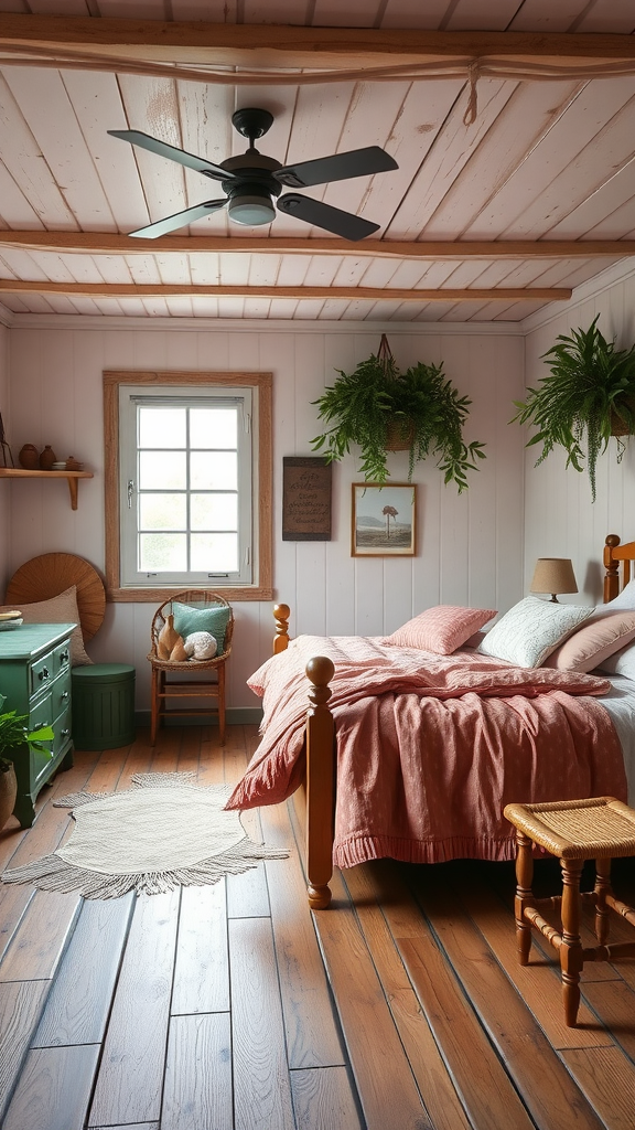 A cozy rustic bedroom featuring green and pink decor with wooden flooring and plants.