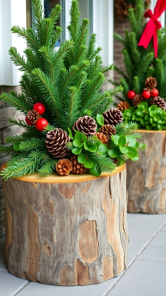 Rustic log planters filled with greenery, red ornaments, and pinecones.