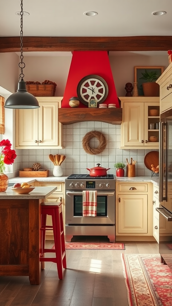 A rustic kitchen with red and cream colors, featuring a red hood, cream cabinets, and a wooden island.