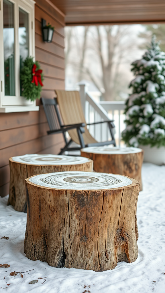 Wood stumps used as seating on a snowy porch