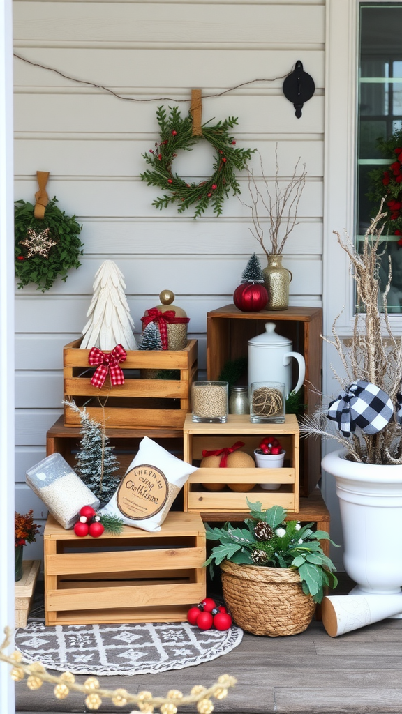 A winter porch decorated with rustic wooden crates, holiday ornaments, and greenery.