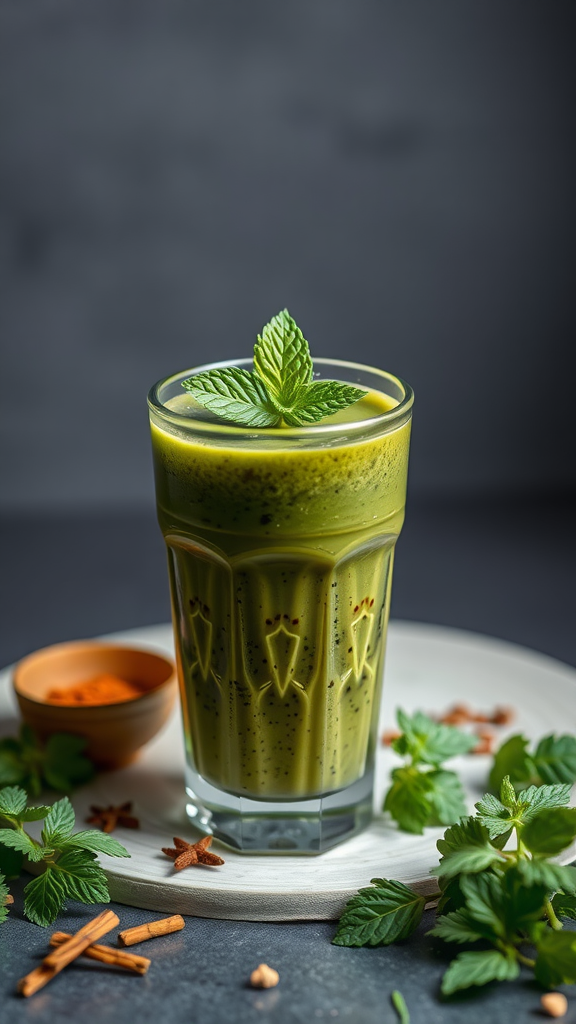 A savory green smoothie in a glass with fresh mint on top, surrounded by herbs and spices.