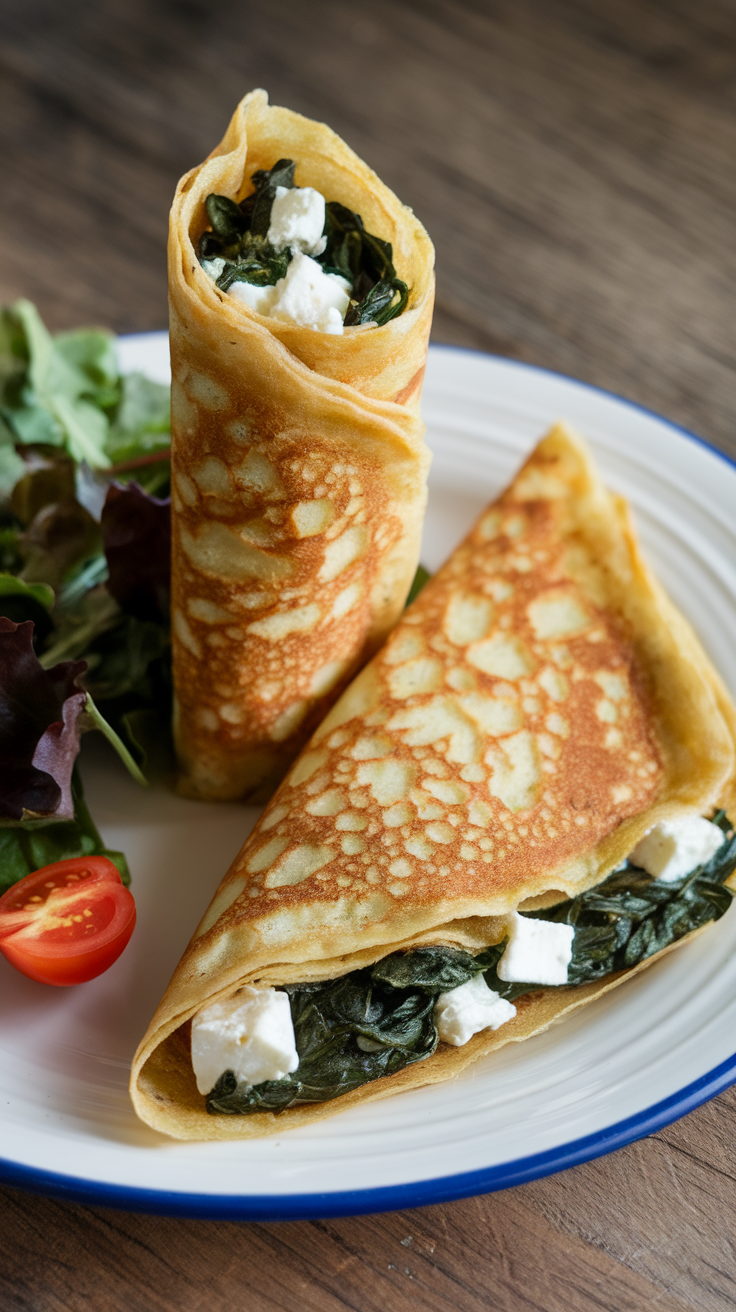 Savory crepes filled with spinach and feta, beautifully presented on a plate