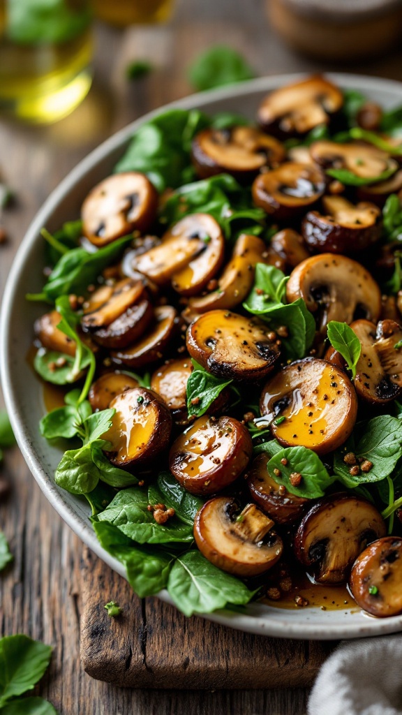 A plate of savory mushroom and spinach salad with sliced mushrooms and fresh spinach leaves.