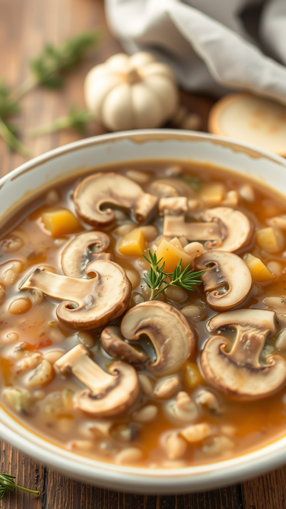 A bowl of mushroom barley soup with mushrooms, beans, and parsley.