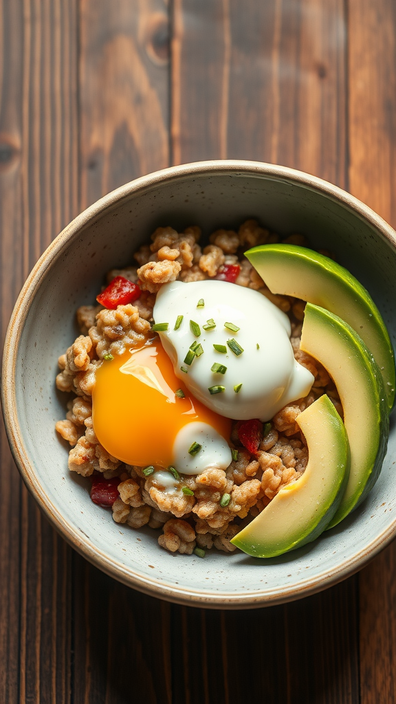 A bowl of savory oatmeal topped with a poached egg, sliced avocado, and chives.