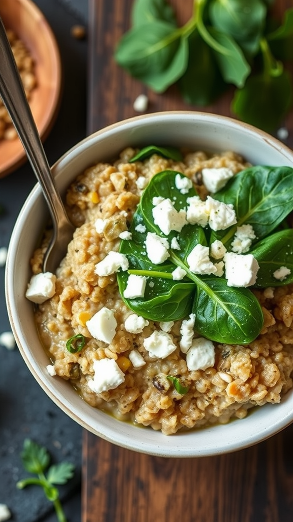 Bowl of savory oatmeal topped with spinach and feta cheese