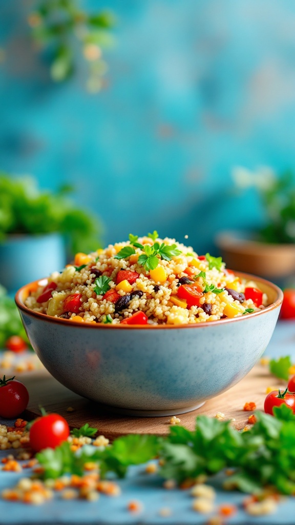 A bowl of colorful quinoa pilaf with vegetables on a table