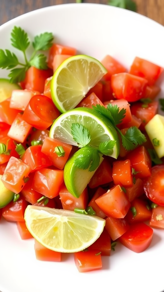 A bowl of tomato and avocado salad with cilantro and lemon slices.