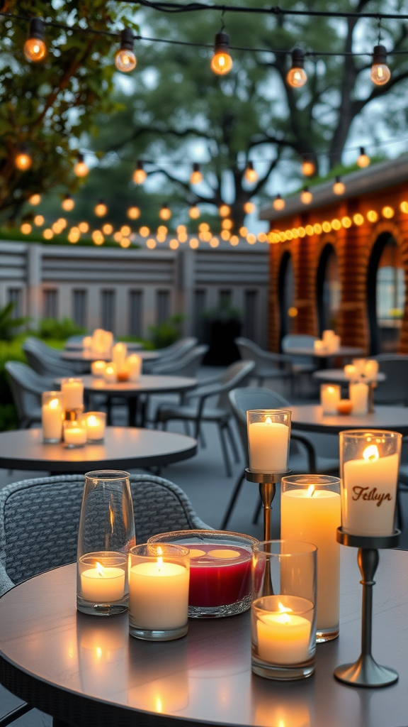 Cozy outdoor patio with multiple scented candles and string lights creating a warm atmosphere.