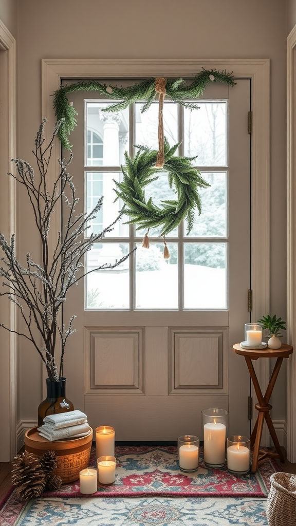 Cozy entryway with a wreath on the door, candles on the floor, and a decorative table.