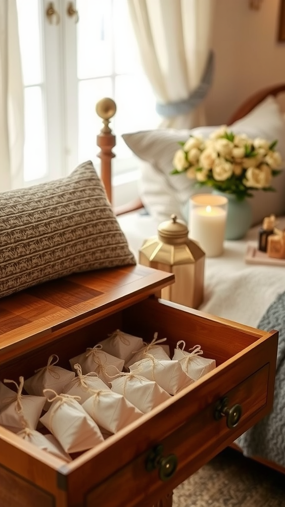 A wooden nightstand with a lamp, candles, flowers, and scented sachets