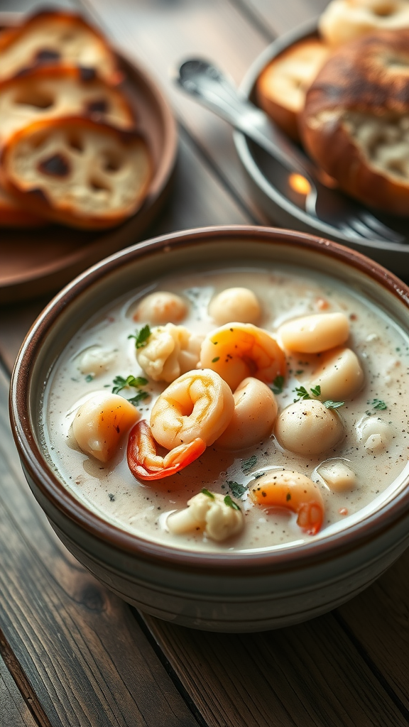 A bowl of seafood chowder featuring shrimp, fish, and cauliflower in a creamy broth.