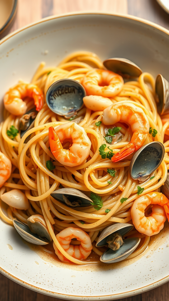 A plate of seafood linguine with shrimp and clams served with garlic and white wine sauce.