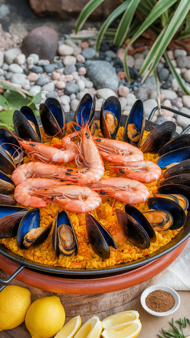 A beautifully arranged plate of seafood paella with shrimp and mussels, garnished with lemon wedges.