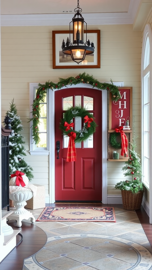 Festive holiday entryway featuring a red door with a wreath, garland, and Christmas decorations.