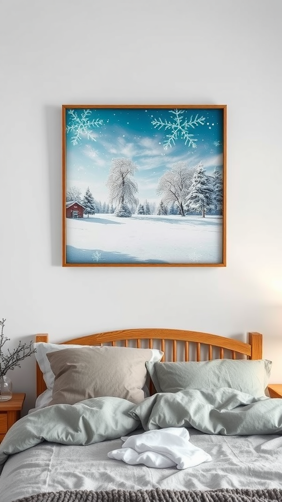 A cozy bedroom with a framed winter landscape artwork featuring snowflakes and a red cabin.