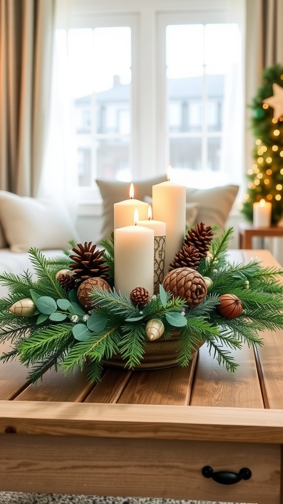 A cozy centerpiece with candles, pine cones, and greenery on a wooden table.