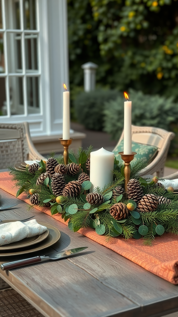 Cozy outdoor patio table centerpiece with candles, pinecones, and greenery for winter gatherings