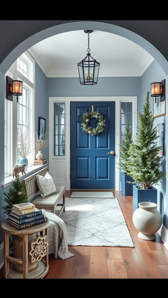 A bright and inviting entryway with a blue door, green plants, and a stylish rug.