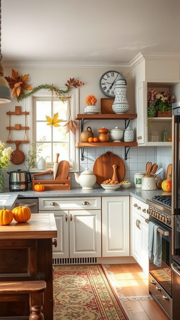 A cozy kitchen decorated with autumn elements like pumpkins and leaves, featuring warm wooden accents.