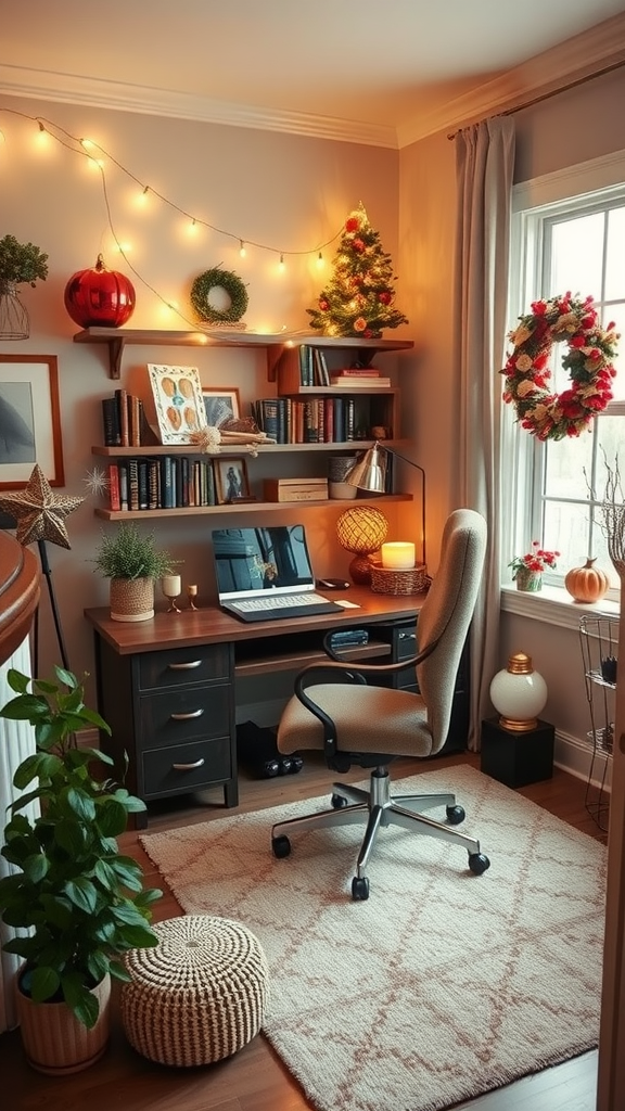 Cozy home office decorated for the season with a desk, laptop, and festive decor